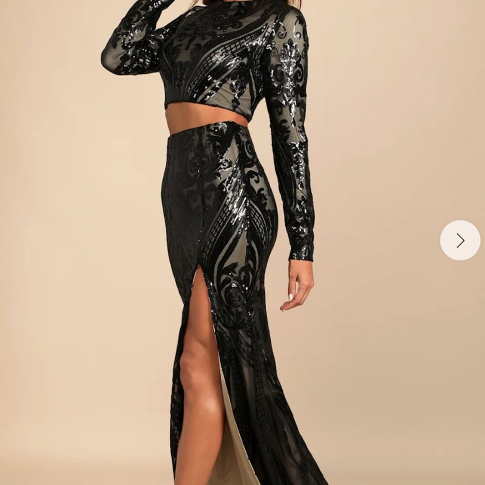 Lulus Black Sequin Long Sleeve Two-Piece Maxi Dress - Picture 2 of 5
